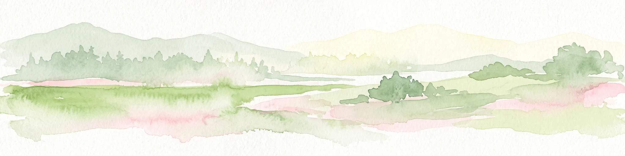 A soft watercolor painting of a wide, rolling landscape with green hills, patches of trees, and subtle pink ground tones.