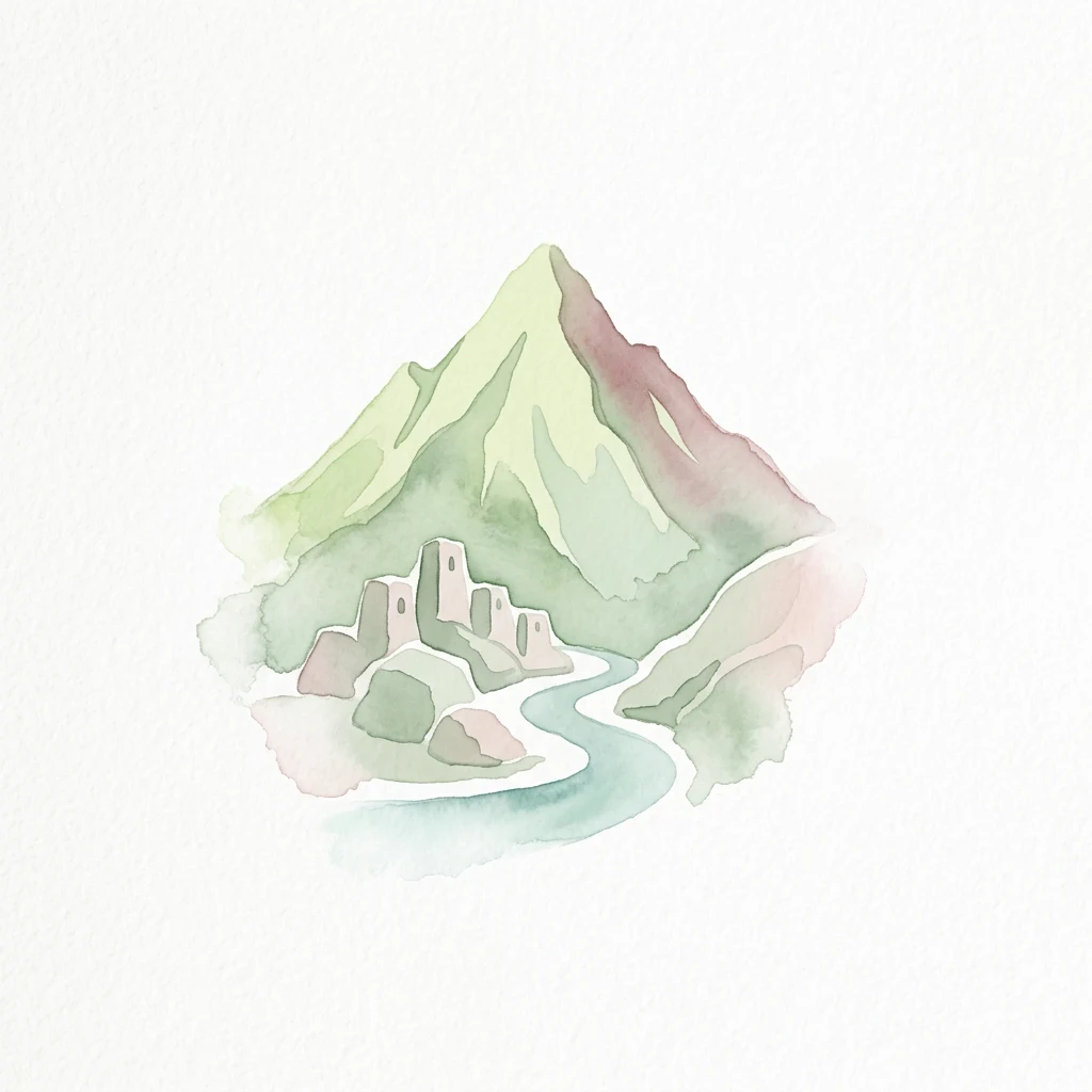 Watercolor illustration of a mountain landscape with stone structures and a winding river