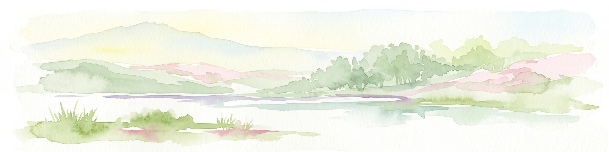 Una ilustración suave en acuarela que muestra un paisaje con una masa de agua tranquila en primer plano, colinas verdes onduladas y montañas lejanas difuminadas bajo un cielo pálido.