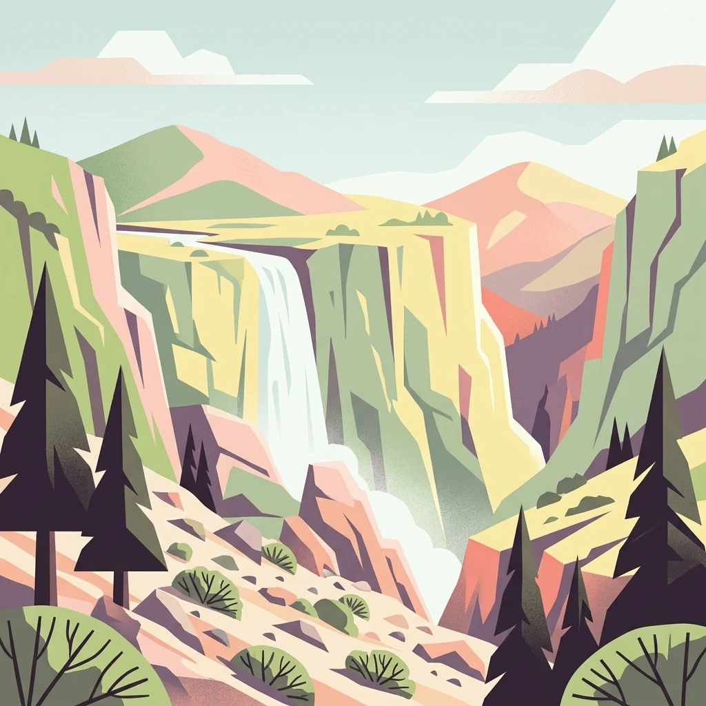 Una ilustración gráfica de una cascada que cae por un cañón entre acantilados rocosos escarpados, rodeada de pinos bajo un cielo despejado.