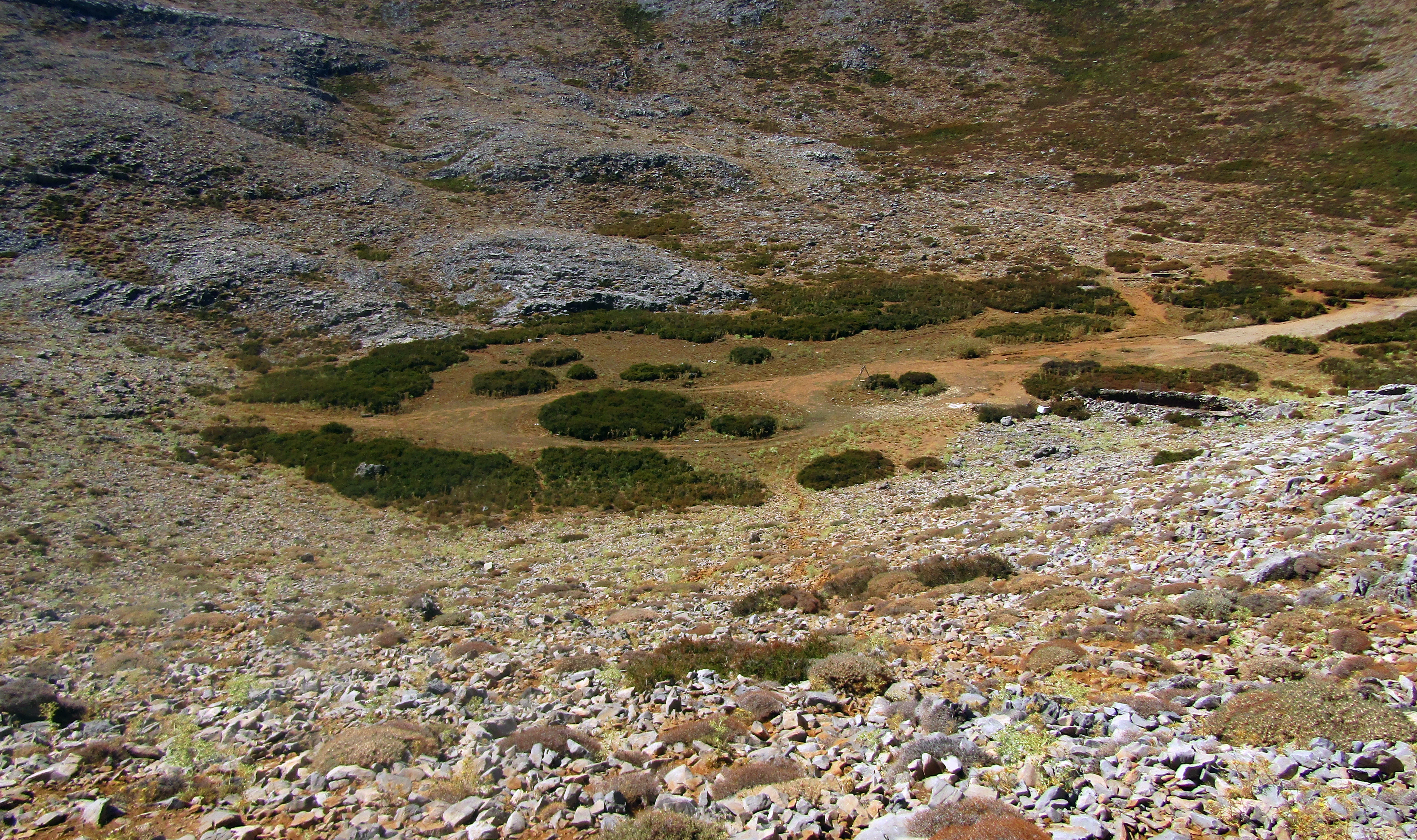 Toma en picado de una cuenca alpina rocosa en el monte Ida con parches dispersos de vegetación baja y una pequeña depresión en la superficie del terreno.