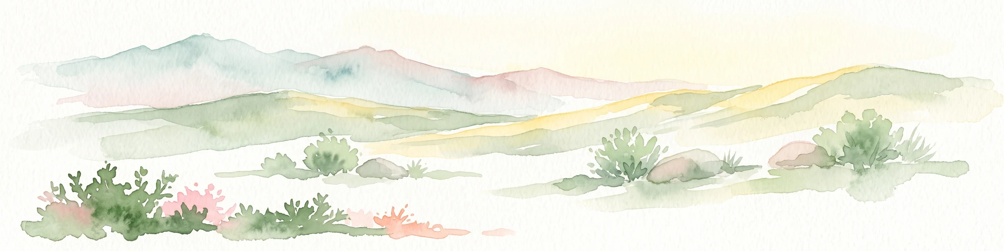 A horizontal watercolor painting showing soft, rolling mountains and sparse desert-like shrubbery in shades of light green, pale pink, and yellow.