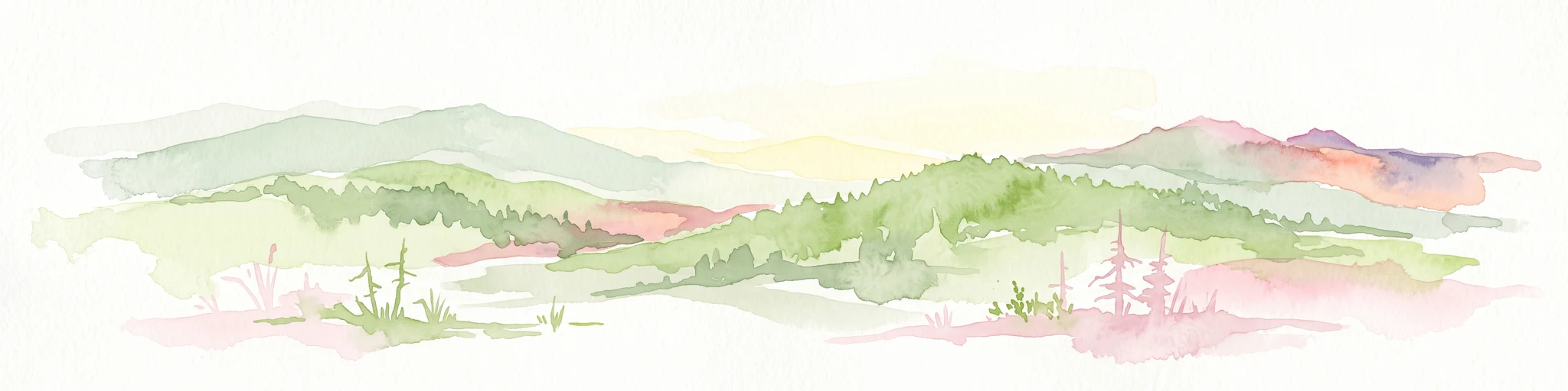 A soft watercolor painting depicting rolling forested mountains in muted green, pink, and yellow tones against a white background.