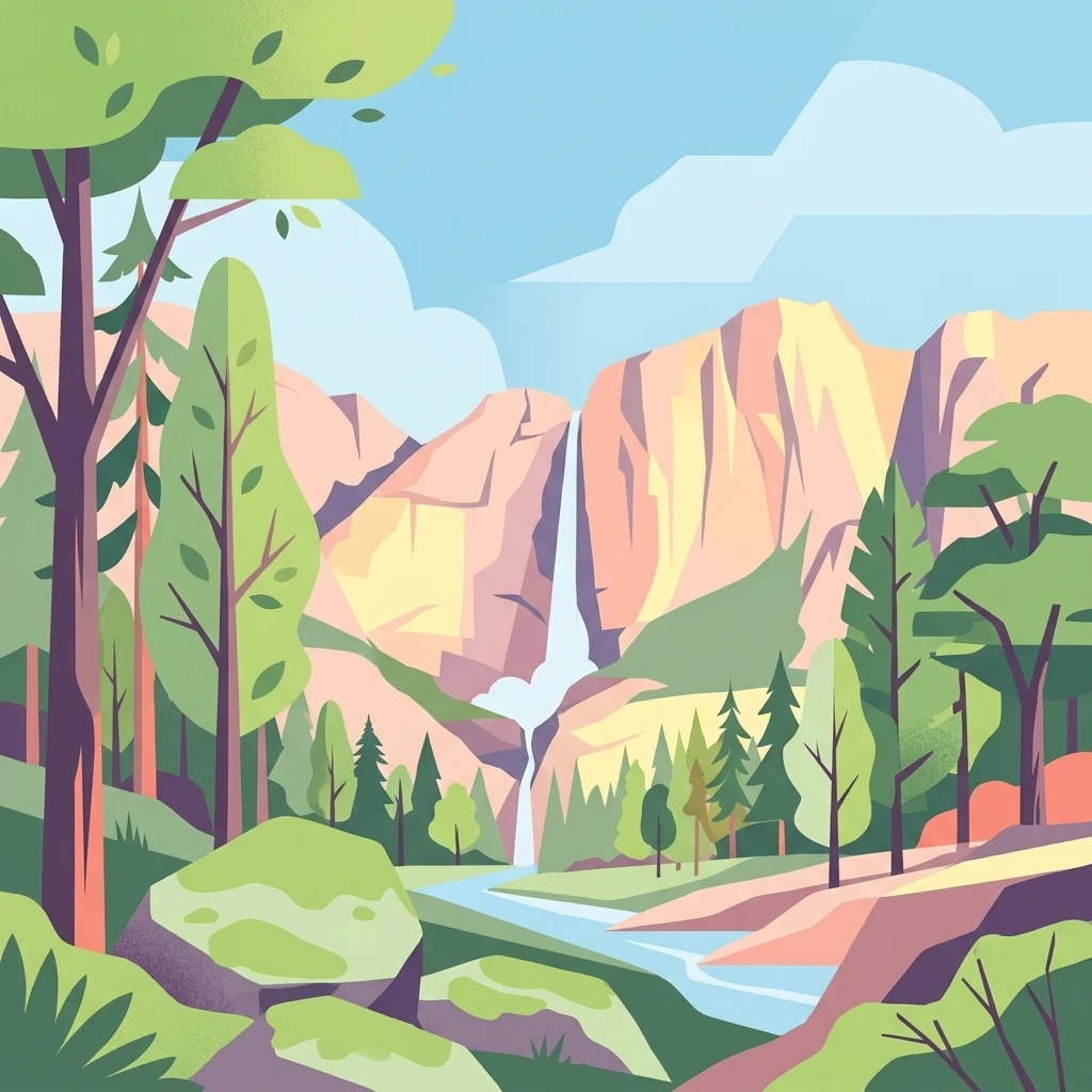A flat-style digital illustration showing a tall, thin waterfall cascading down a sheer mountain cliff into a river, surrounded by pine forests and large boulders in the foreground.