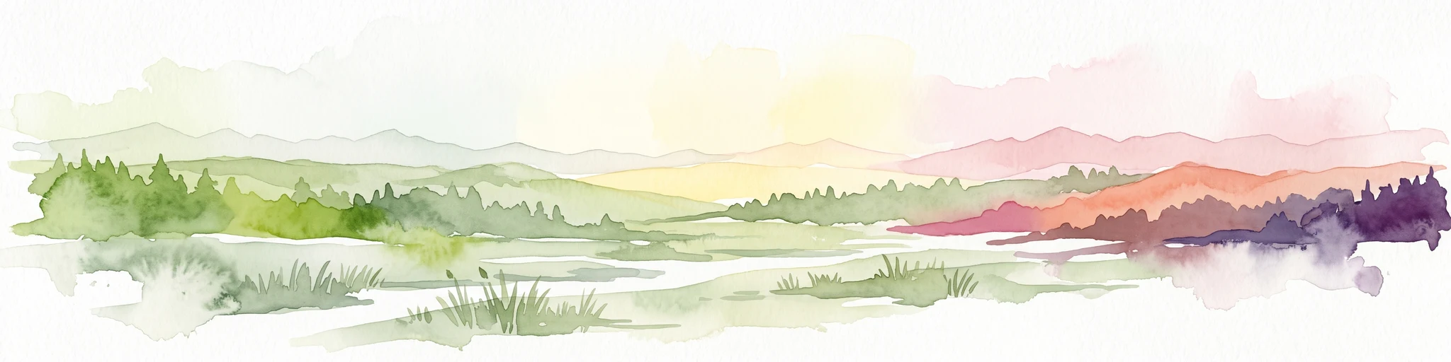Una pintura en acuarela de un paisaje montañoso ondulado con bosques, representado en distintos tonos de verde, naranja y púrpura, sobre un fondo blanco.