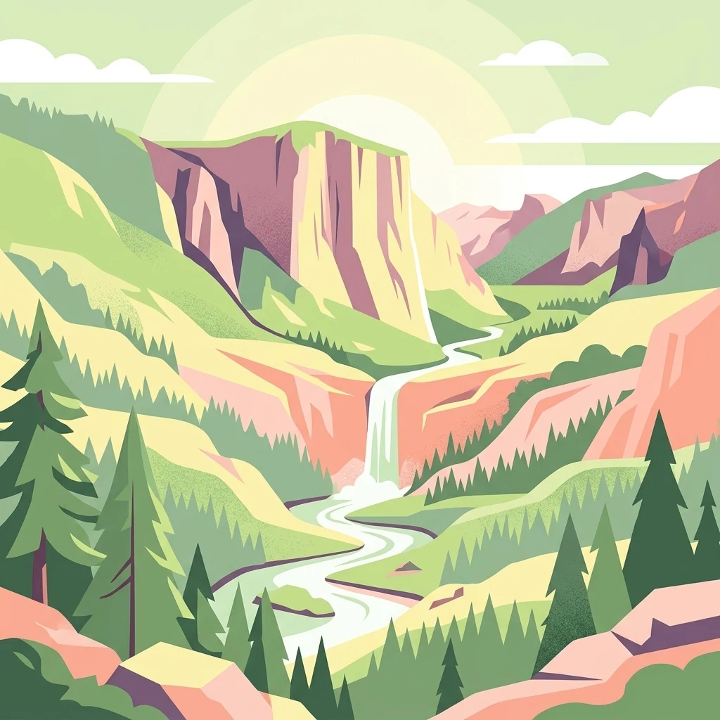 A flat-style digital illustration showing a winding river through a valley with pine trees, steep rock cliffs, and a waterfall under a soft sun.