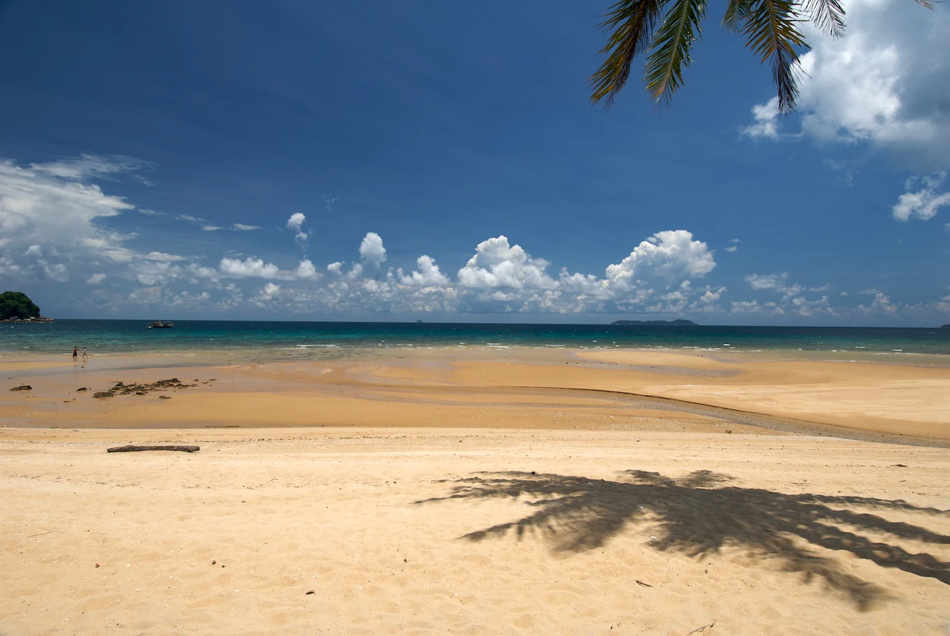 A wide view of a sunlit sandy beach on Tioman Island with turquoise water, a few clouds in a deep blue sky, and a palm tree shadow cast on the foreground sand.