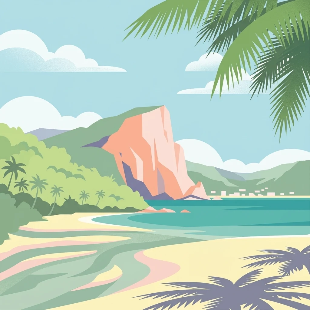 A flat-style illustration of a sandy beach with turquoise water, lush green hills, and a prominent pink-hued rocky cliff, framed by palm fronds in the foreground.