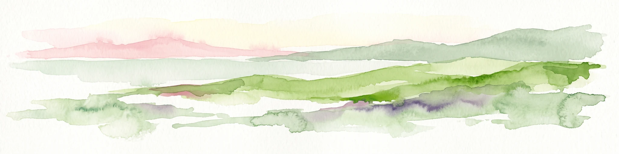 A minimalist watercolor illustration depicting abstract green rolling hills and distant pink-toned ridges against a white background.