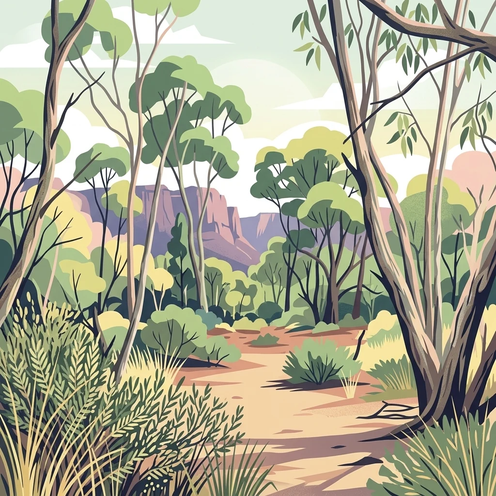 A stylized illustration of an Australian dry woodland landscape with eucalyptus-like trees, sparse shrubs, and a rocky ridgeline in the background under a pale sky.