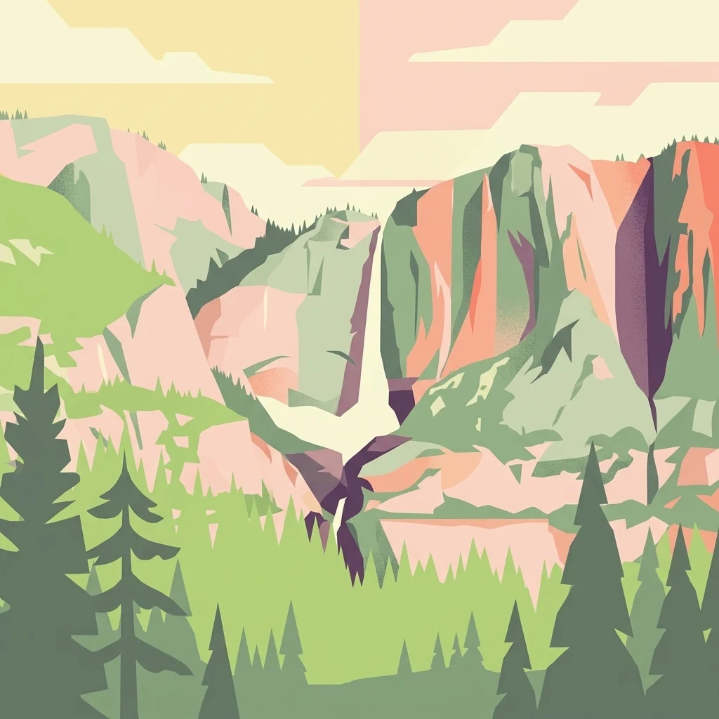 Ilustración estilizada de un paisaje montañoso con una cascada, bosques verdes y un ave en vuelo bajo un cielo con nubes pasteles