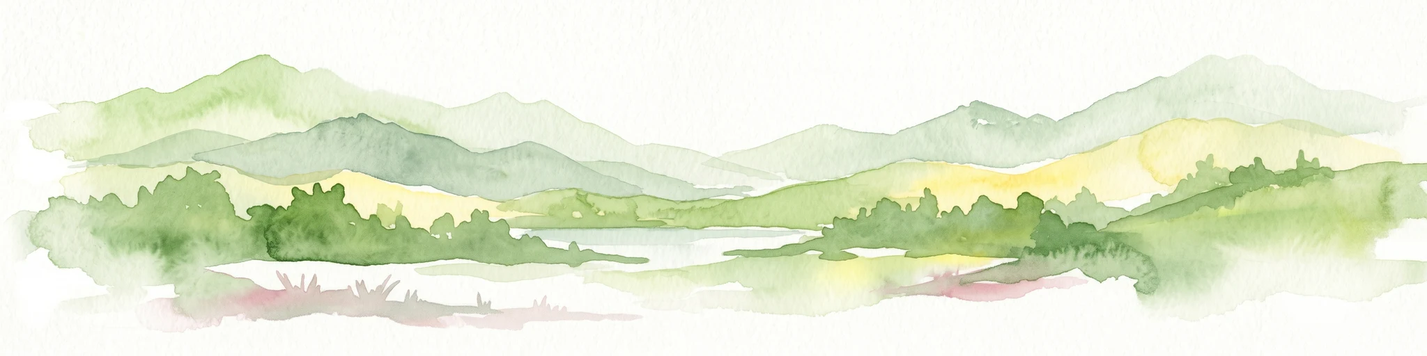 Pintura de acuarela que representa colinas verdes, un río y montañas distantes