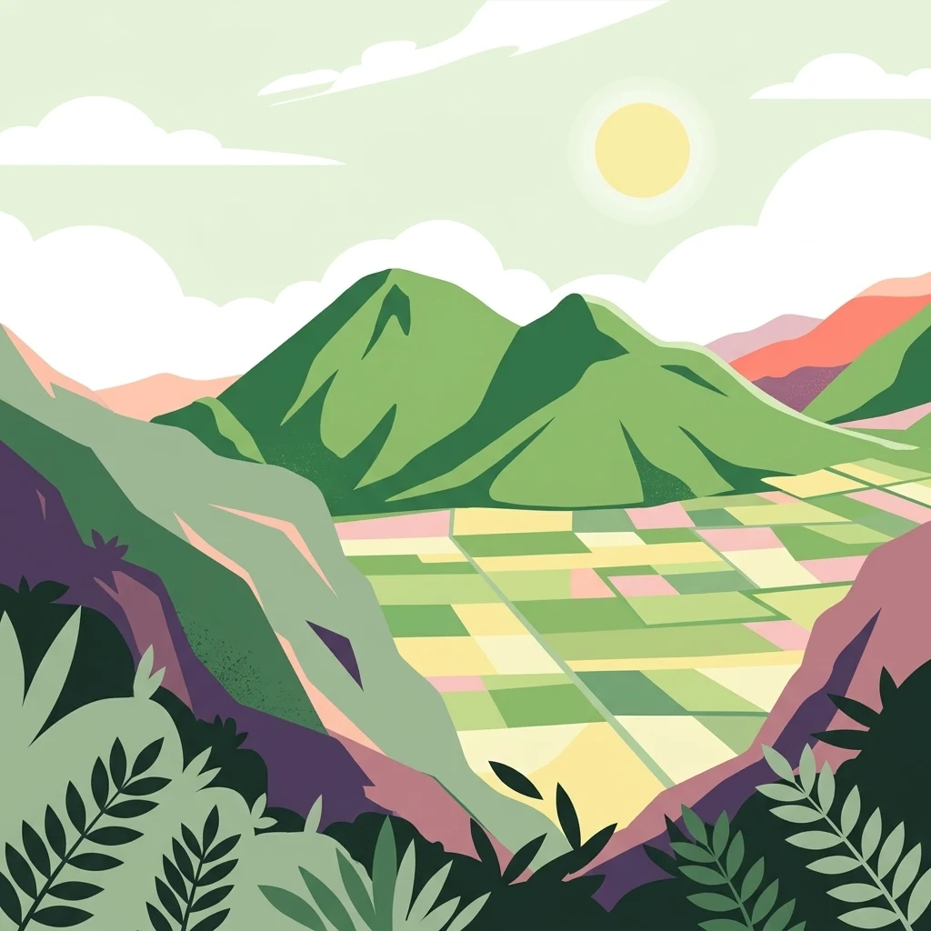 Ilustración de diseño plano que muestra un cráter volcánico lleno de un mosaico agrícola verde y amarillo, rodeado de laderas montañosas verdes y follaje en primer plano bajo un sol pálido.
