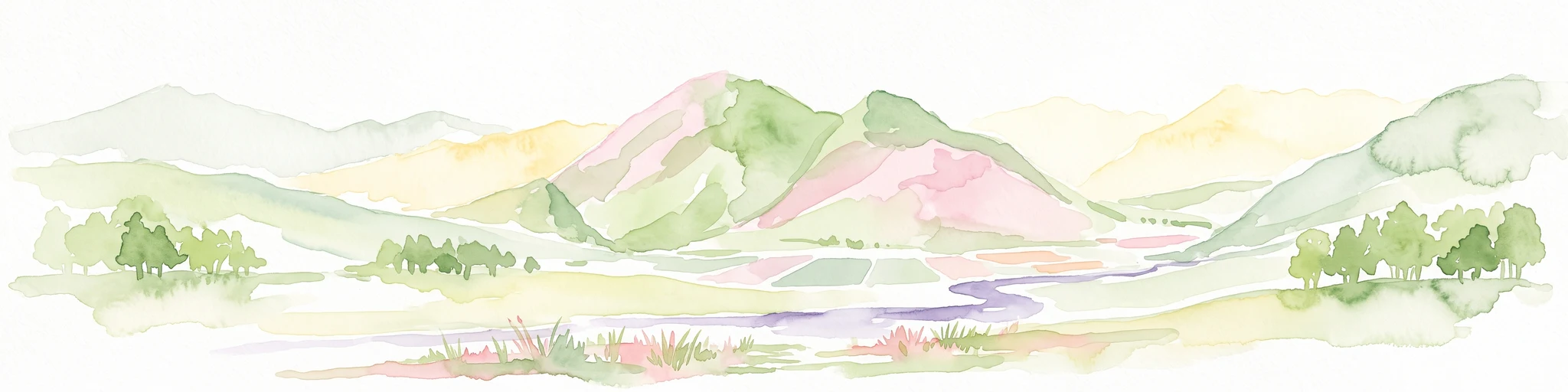 Watercolor illustration showing a panoramic view of a wide valley with green hills, a small stream, and forested clusters, rendered in a light and airy style.