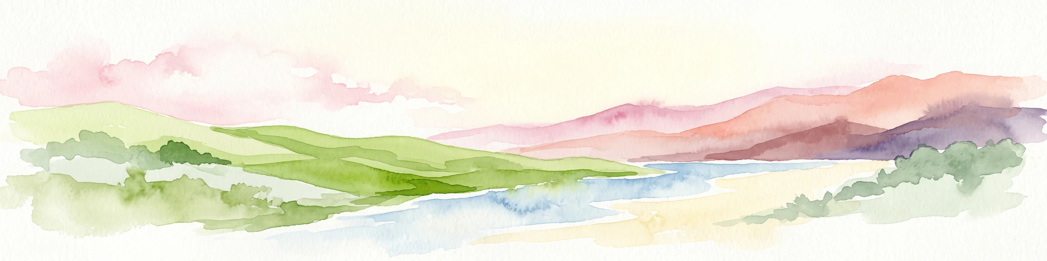 A watercolor painting showing a panoramic view of lush green hills leading to a water feature, with soft-colored mountains in the background under a pale sky.