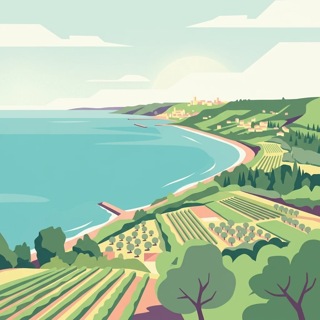 Una ilustración plana de estilo vectorial que muestra una costa adriática con campos cultivados, olivares y un pueblo costero a lo lejos junto a una playa de arena curvada.