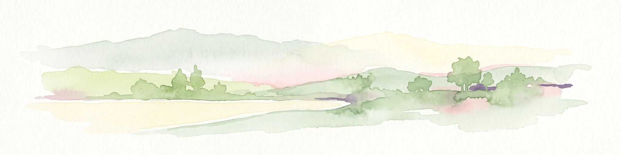 Una pintura suave en acuarela de un paisaje costero con colinas verdes onduladas, árboles dispersos y un primer plano arenoso de color claro, realizado en un estilo minimalista.