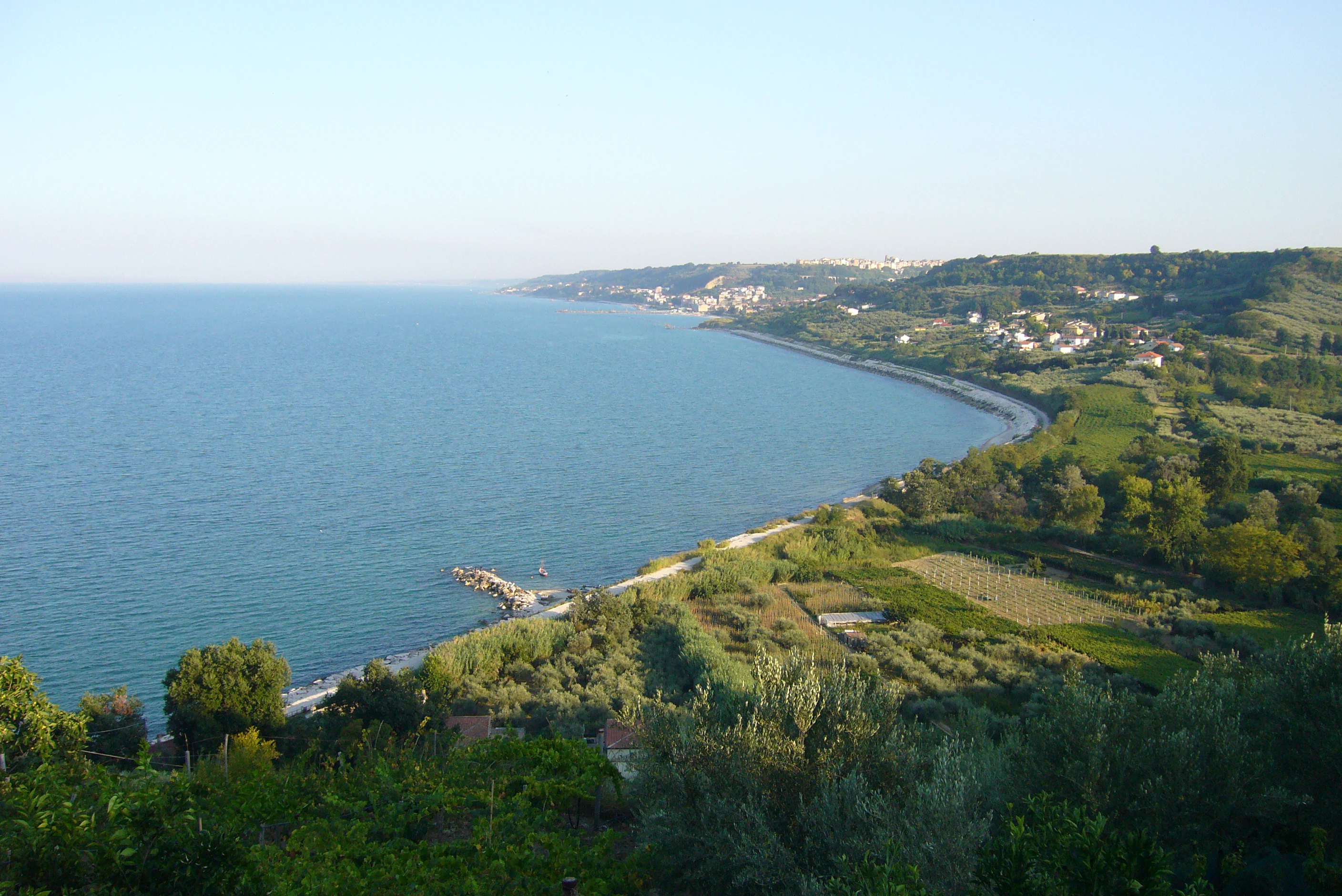 A wide angle view looking down from a high vantage point over a curved coastline meeting the Adriatic Sea, with agricultural land and vegetation in the foreground and a distant town along the shore.