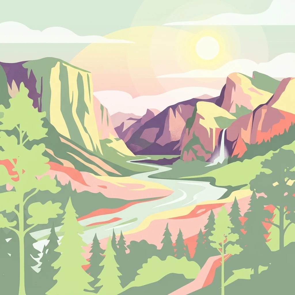 A graphic illustration of a mountain valley, featuring evergreen trees in the foreground, a winding river in the midground, and steep granite-like cliffs and a waterfall in the background under a pale sun.
