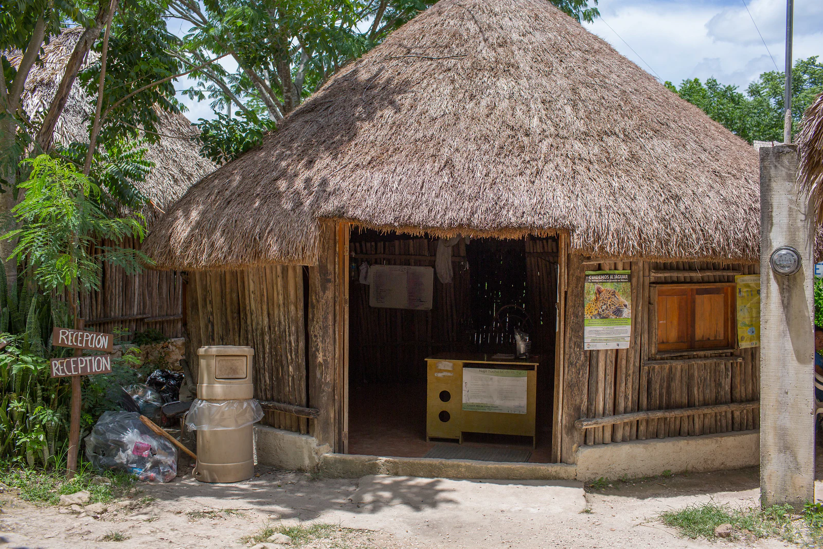 A round, thatched-roof hut made of wooden slats serving as a reception area at a park entrance, with a small sign reading Reception and greenery surrounding the structure.