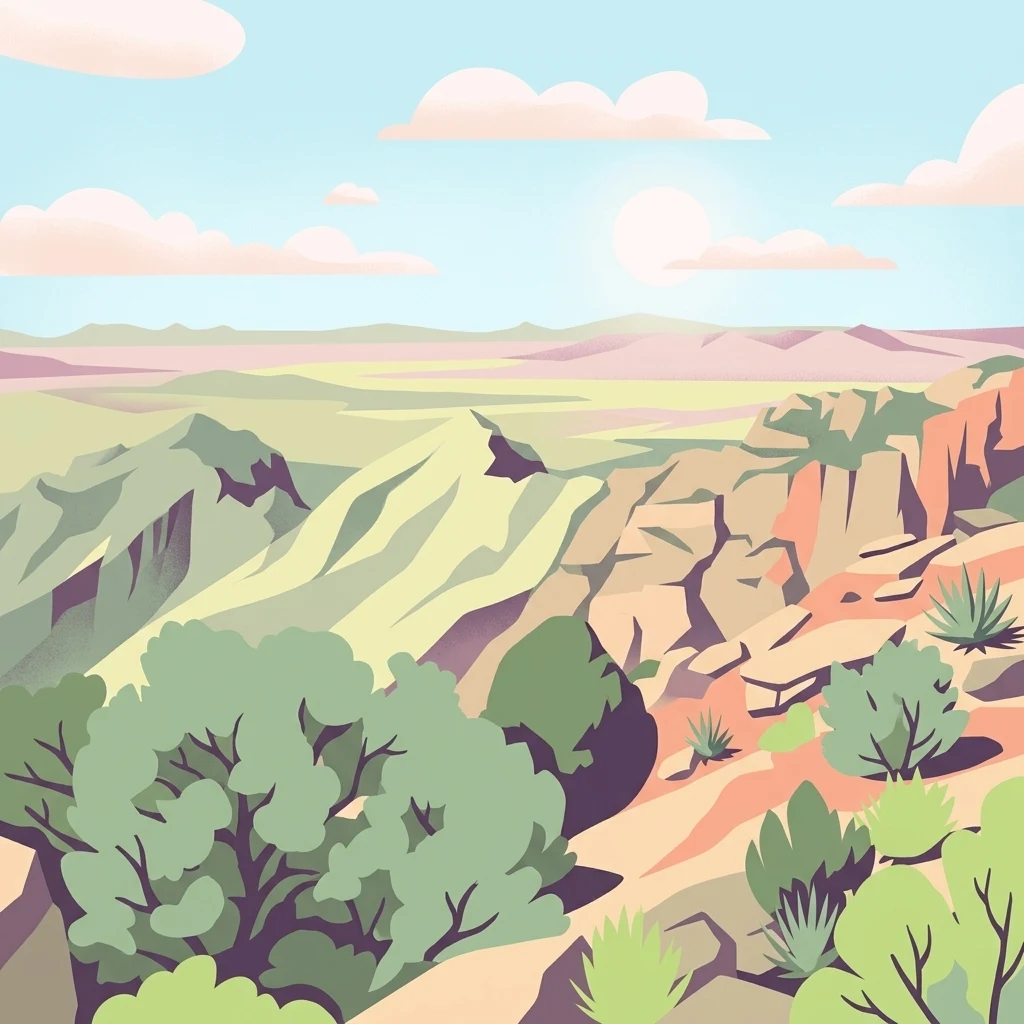 A flat-style digital illustration of a desert mountain landscape with rocky slopes; sparse desert vegetation; and a distant horizon under a pale blue sky.