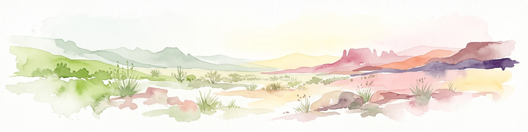 A watercolor illustration of a wide desert landscape with soft, pastel-colored mountains, arid terrain, and sparse desert vegetation against a bright sky.