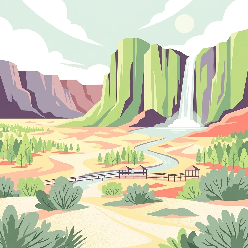 Una ilustración de estilo vectorial y colorida de una cuenca desértica con acantilados altos, una cascada prominente que cae en un río serpenteante, árboles dispersos y un puente peatonal de madera en primer plano.