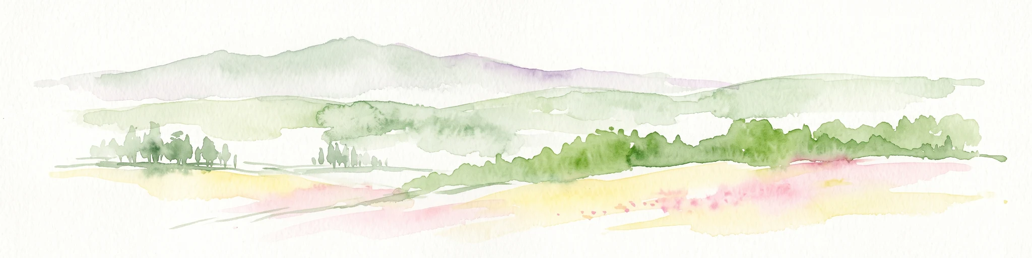 Watercolor painting depicting a soft-focus landscape with light sandy ground in the foreground, a line of green trees in the midground, and layered rolling hills in the background.