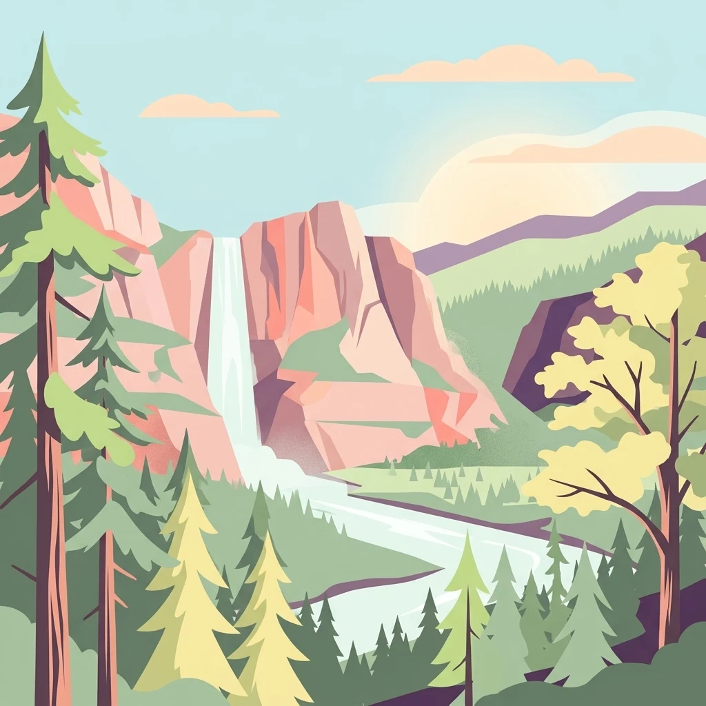 Una ilustración vectorial plana y colorida de un valle boscoso con una alta cascada que cae por un acantilado hasta un río, rodeada de pinos y colinas lejanas bajo un sol suave.