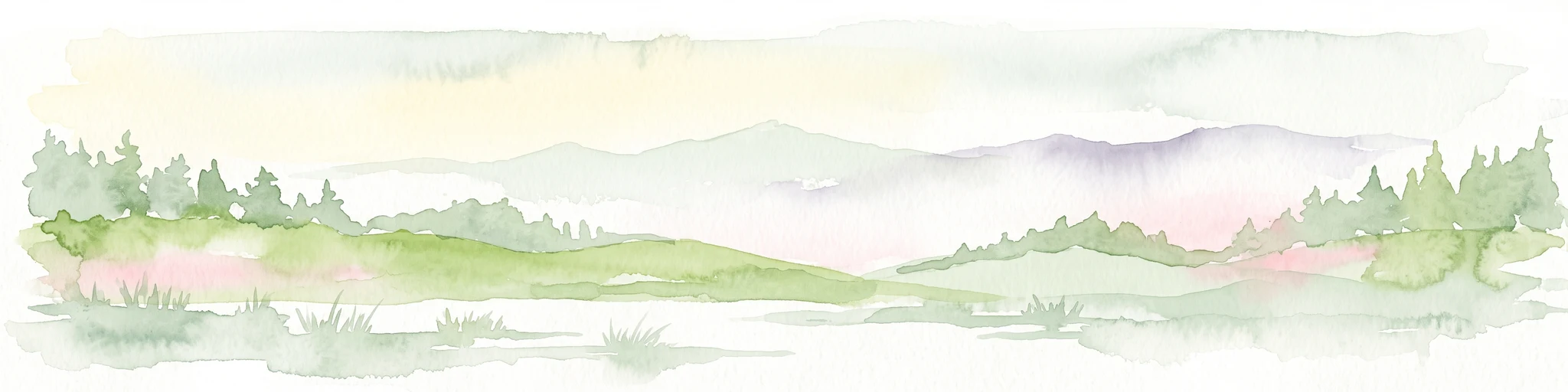 Una acuarela pálida y de enfoque suave que muestra un paisaje horizontal de colinas onduladas verdes, colinas lejanas en tonos púrpura y gris, y grupos de coníferas.