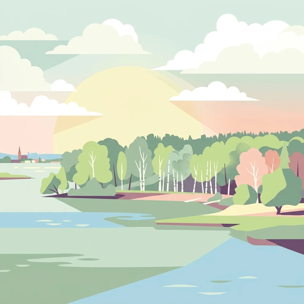 A flat-style digital illustration of a calm body of water bordered by a lush forest under a soft sunset sky, with a distant silhouette of a church spire.