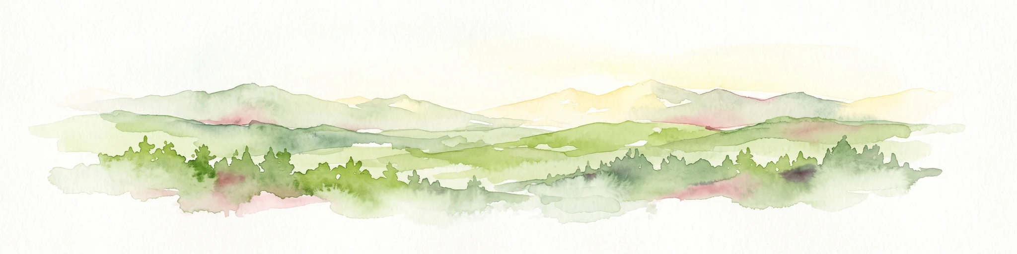A horizontal watercolor painting showing rolling green hills and a dense forest line against a pale, light-colored sky background.