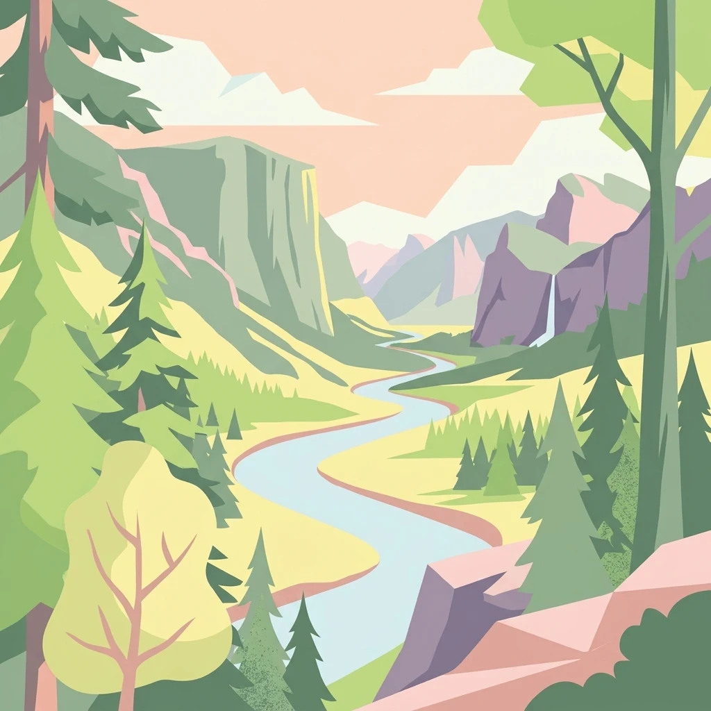 Una ilustración vectorial plana que muestra un río serpenteante que fluye a través de un valle profundo con árboles coníferos, acantilados escarpados y montañas lejanas bajo un cielo rosado suave.
