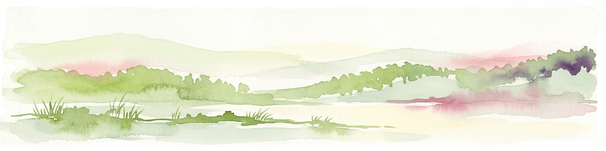 Watercolor painting of a green and pink abstract landscape featuring rolling hills and forested areas.