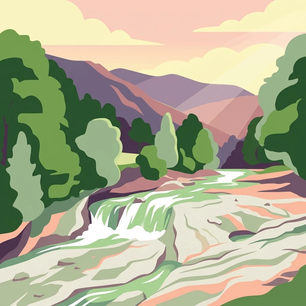 Ilustración de una cascada rodeada de árboles con montañas al fondo