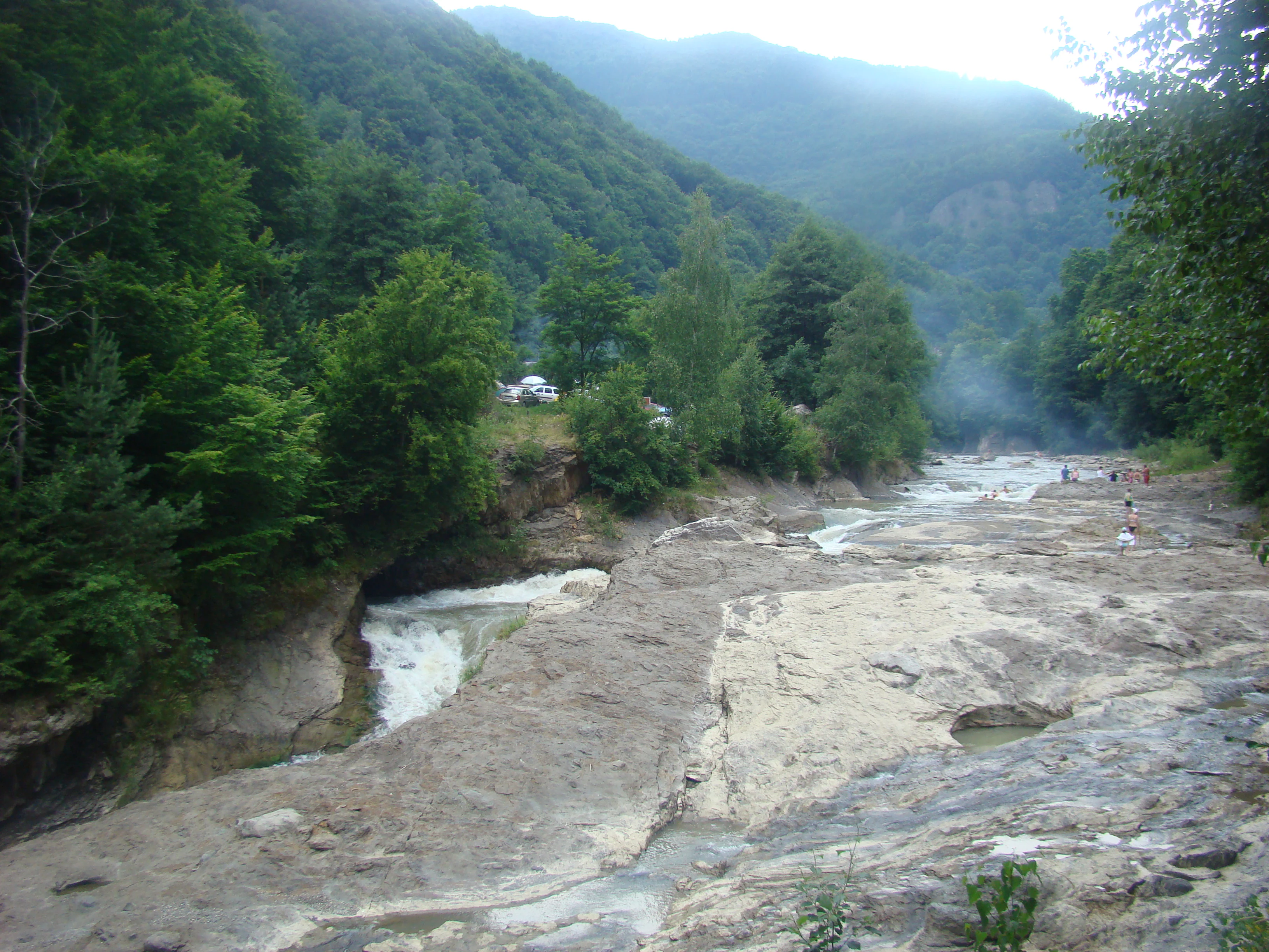Rapids flowing through rocky terrain surrounded by dense forest with mountains in the background