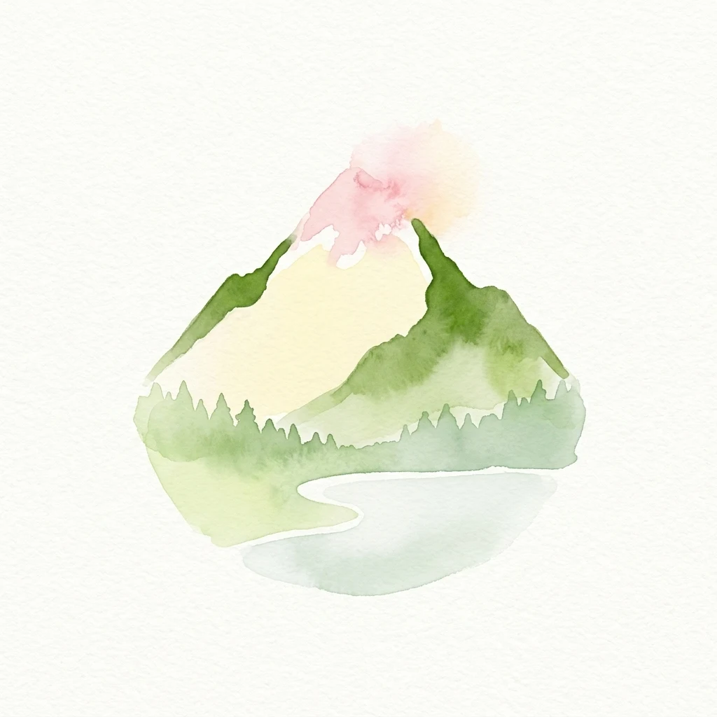 Pintura de acuarela que muestra una montaña con laderas verdes y árboles, un pico teñido de rosa y un reflejo de lago abajo