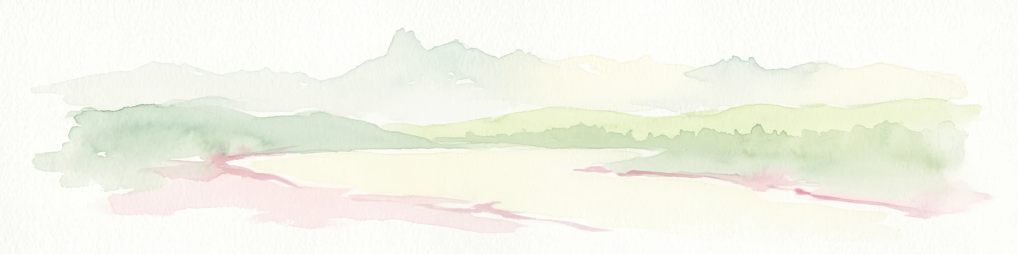 Watercolor illustration of a mountain range with a lake and forested hills in soft green, pink, and beige tones