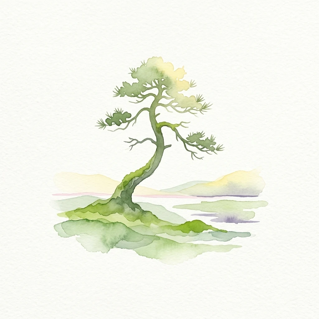 Watercolor illustration showing a single tree on a small island with water reflections and distant hills