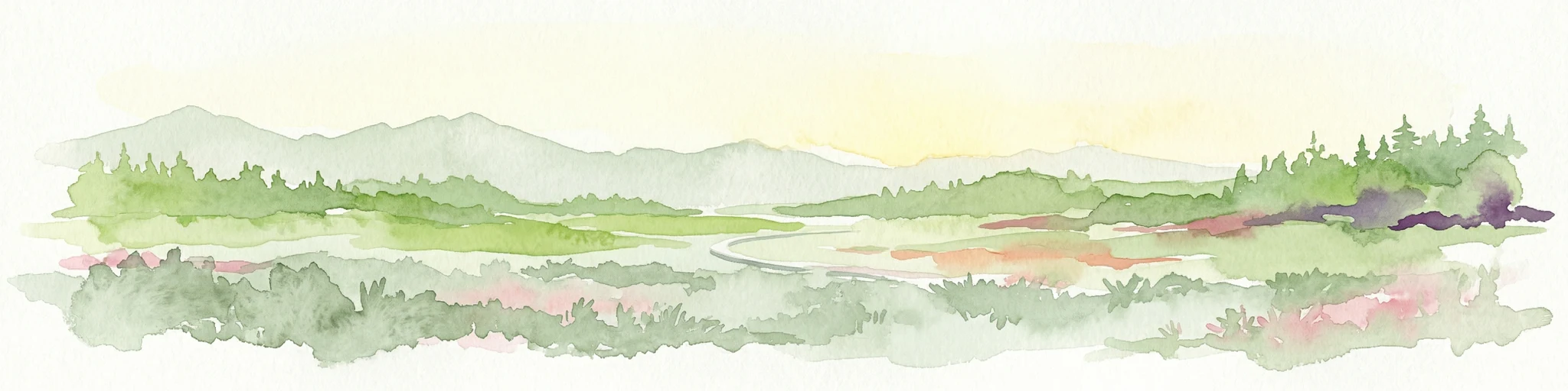 Ilustración en acuarela de un paisaje con bosques verdes, colinas onduladas y una masa de agua bajo un cielo pálido