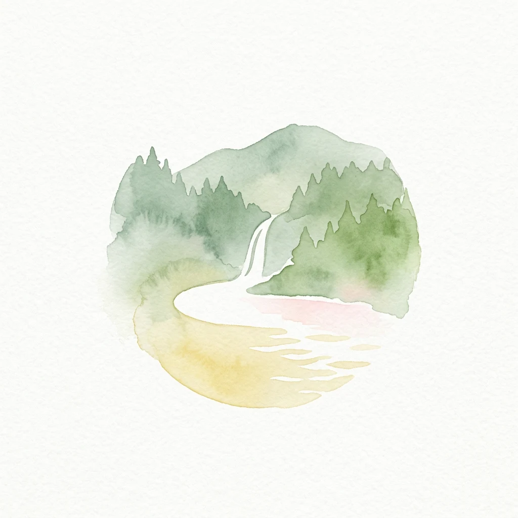 Ilustración en acuarela de una cascada que desemboca en un río rodeado de colinas boscosas verdes
