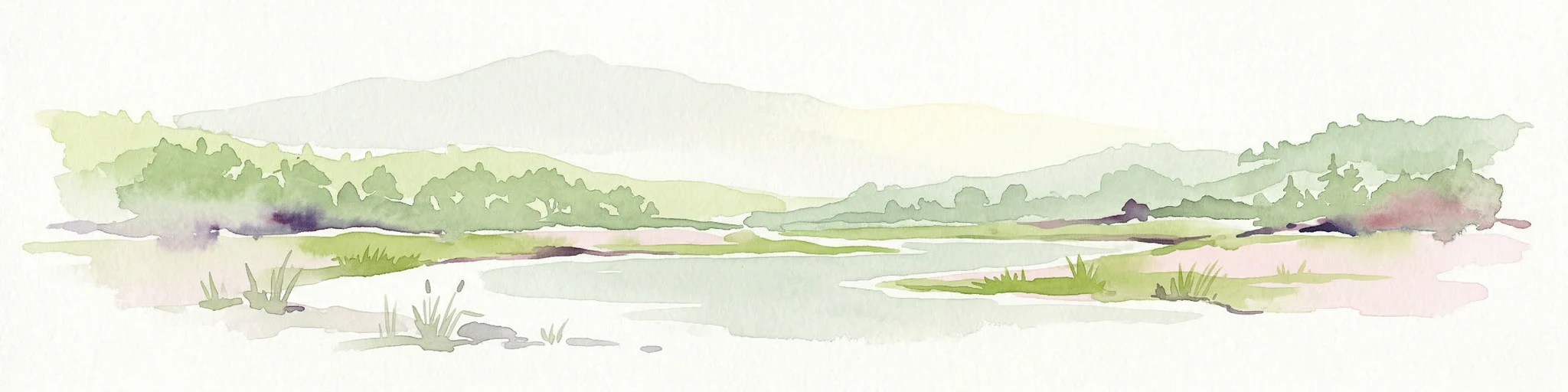 Ilustración en acuarela que muestra un lago, colinas onduladas y vegetación.