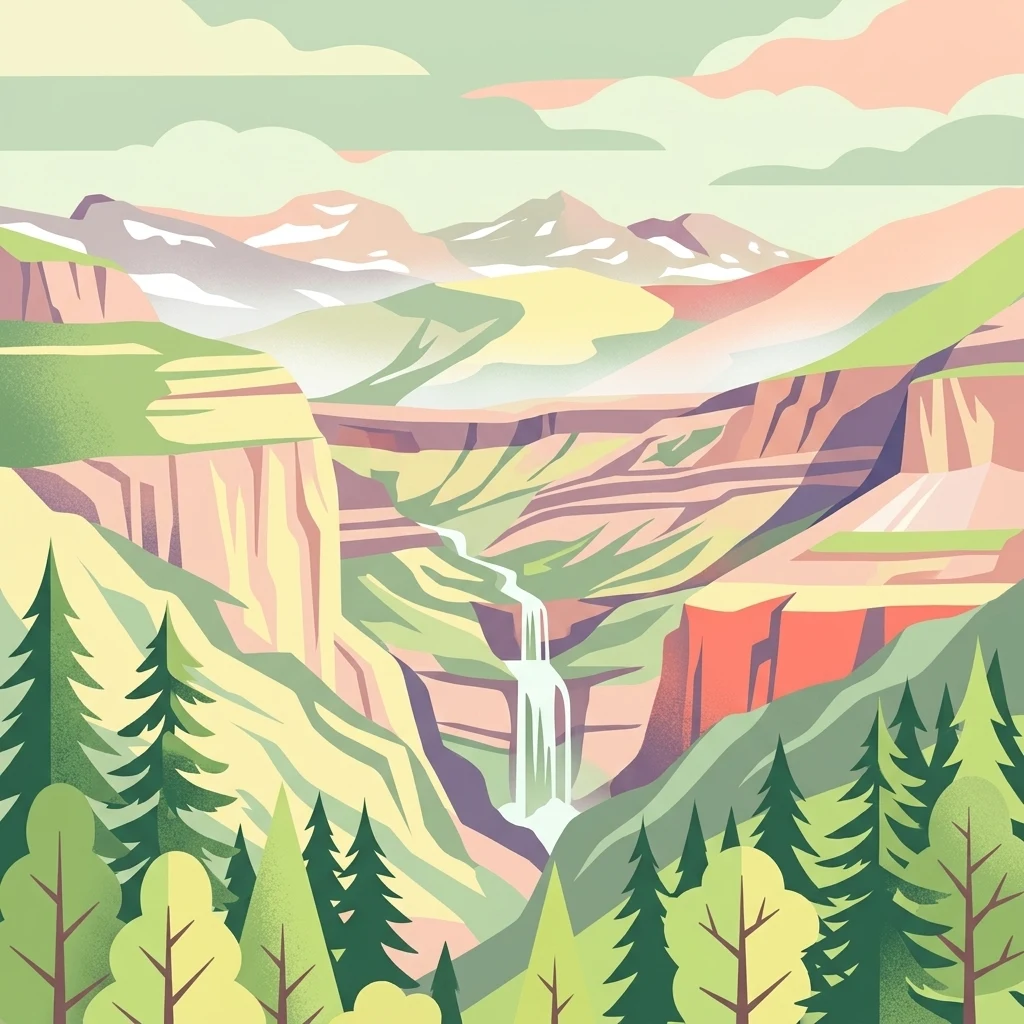 A flat-style digital illustration of a mountainous landscape with steep canyons, a central waterfall, and evergreen trees in the foreground.