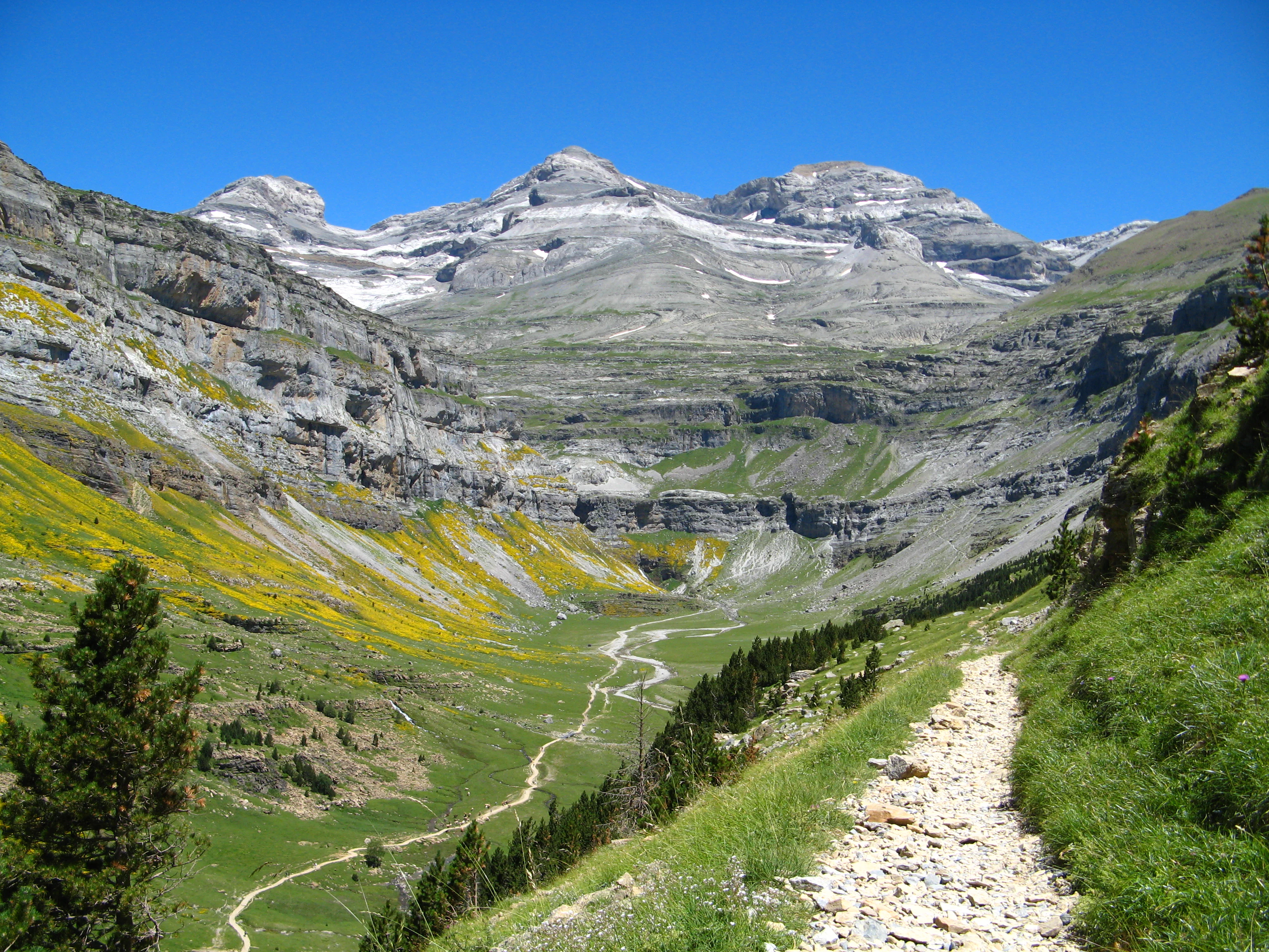 A wide-angle landscape view of a green mountain valley with a rocky hiking trail in the foreground, leading toward a massive, steep limestone cirque and snow-capped peaks under a clear blue sky.