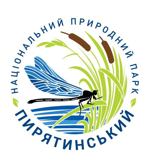 Cyrillic text in a circle with a blue dragonfly on green reeds and blue water waves