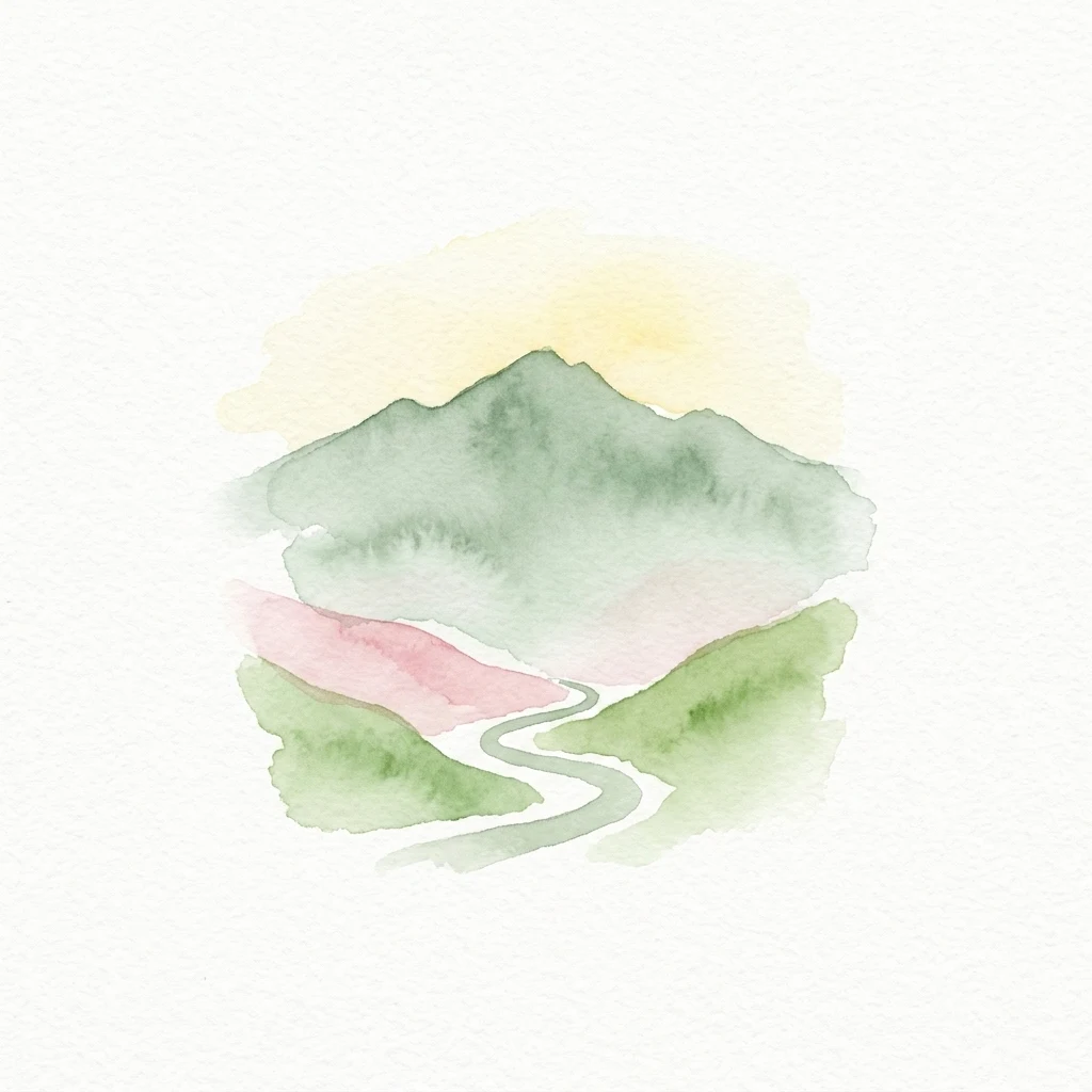 Ilustración en acuarela de un paisaje montañoso con un río sinuoso y colinas verdes bajo un cielo amarillo