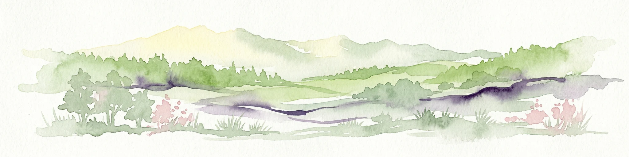 Ilustración en acuarela que muestra un río fluyendo a través de un valle con colinas verdes y árboles