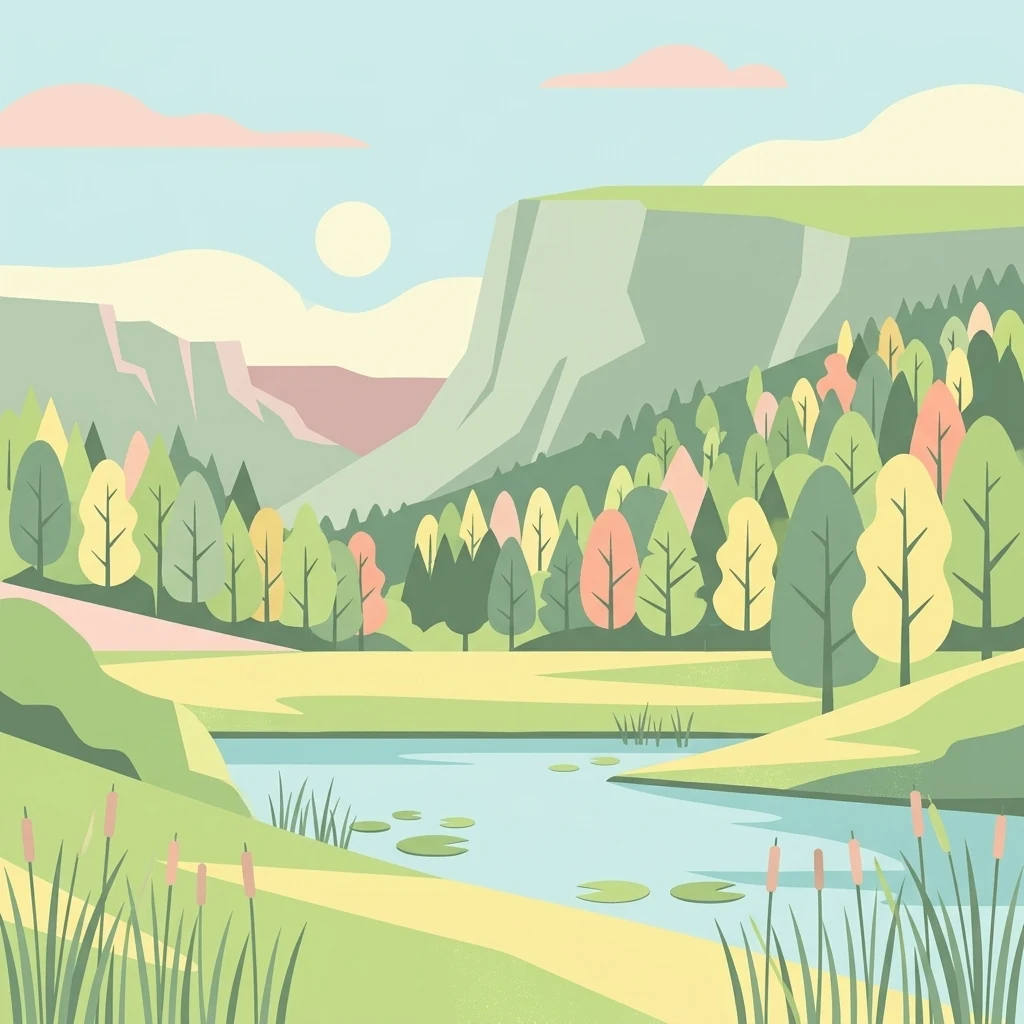 A flat-style digital illustration showing a calm pond in the foreground with reeds and lily pads, leading to a vibrant forest and high cliffs under a pale sun.