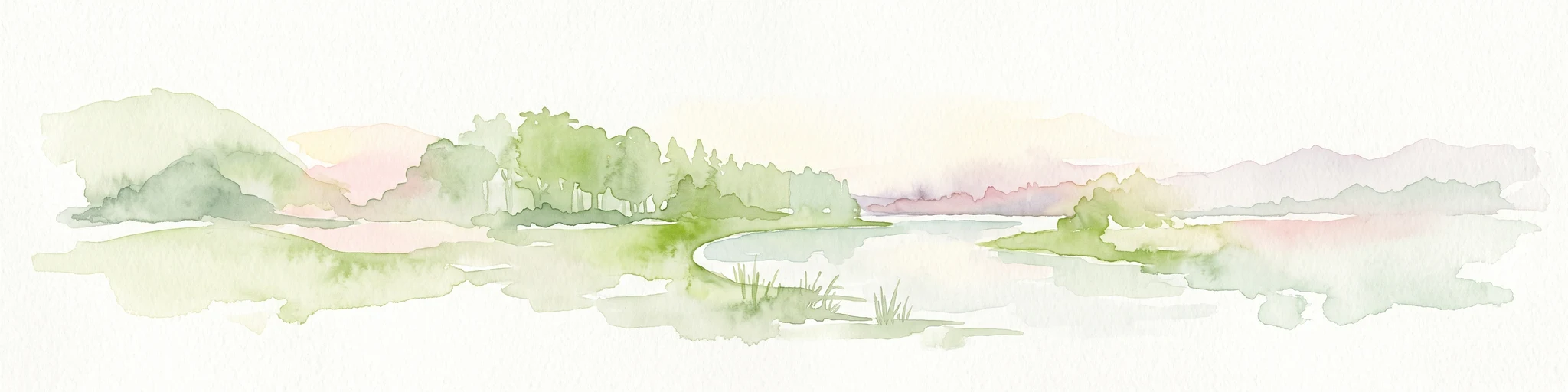 A soft watercolor illustration showing a peaceful landscape with gentle hills, trees, and small ponds reflecting light.