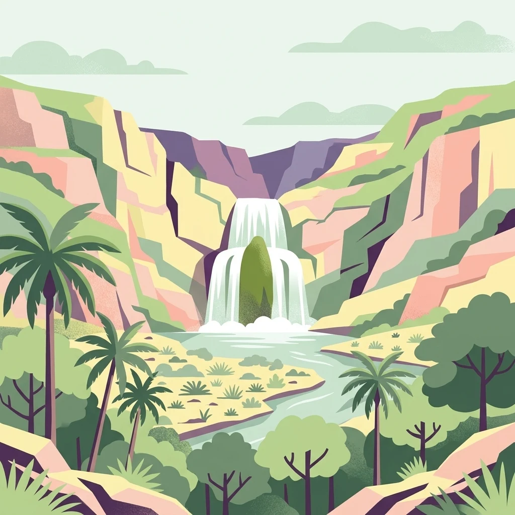 A flat-style graphic illustration of a deep river gorge with a tiered waterfall, surrounding cliffs, palm trees, and native forest vegetation.